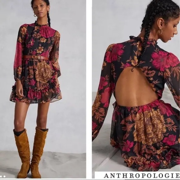 Anthropologie Dresses & Skirts - Anthropologie Porridge Black Puff Sleeve Open Back Floral Chiffon Mini Dress S